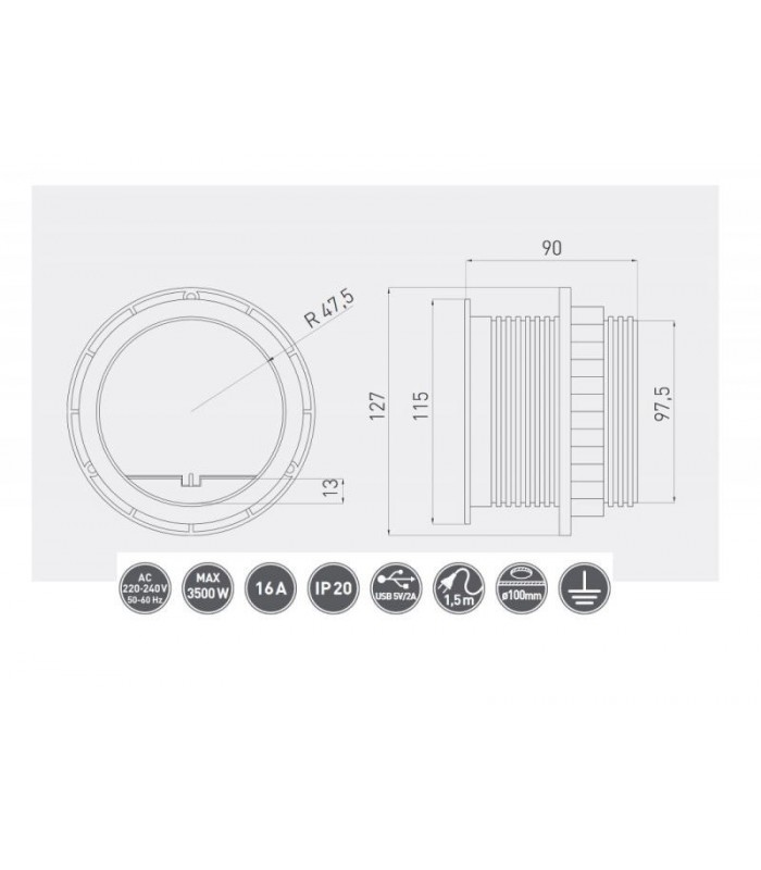 Priza incastrata 1x220V+2USB rotunda