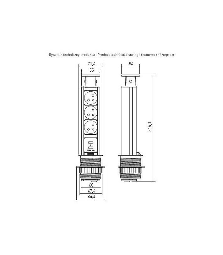 Priza blat argintie 3x220 V+2USB